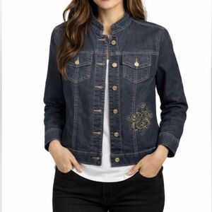 Chicos Platinum Denim Jean Jacket Rhinestone Embellished Size 1 (M)
